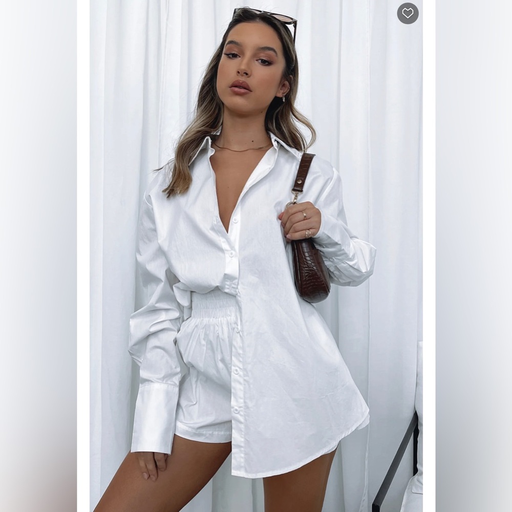 white fox shirt and shorts set behind the look golden sunset
